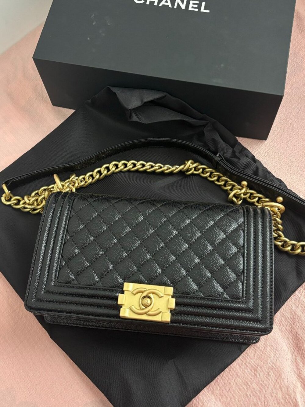 Chanel Le Boy Medium Flap Bag, Caviar Leather with Antique Gold Hardware